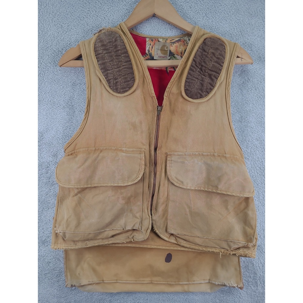 Vintage Carhartt Mens Distressed Canvas Hunting Vest Tan Small Shoulder Patches